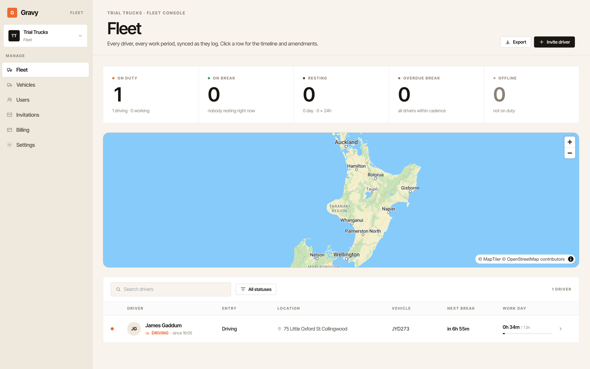 Gravy fleet console — driver list and live status