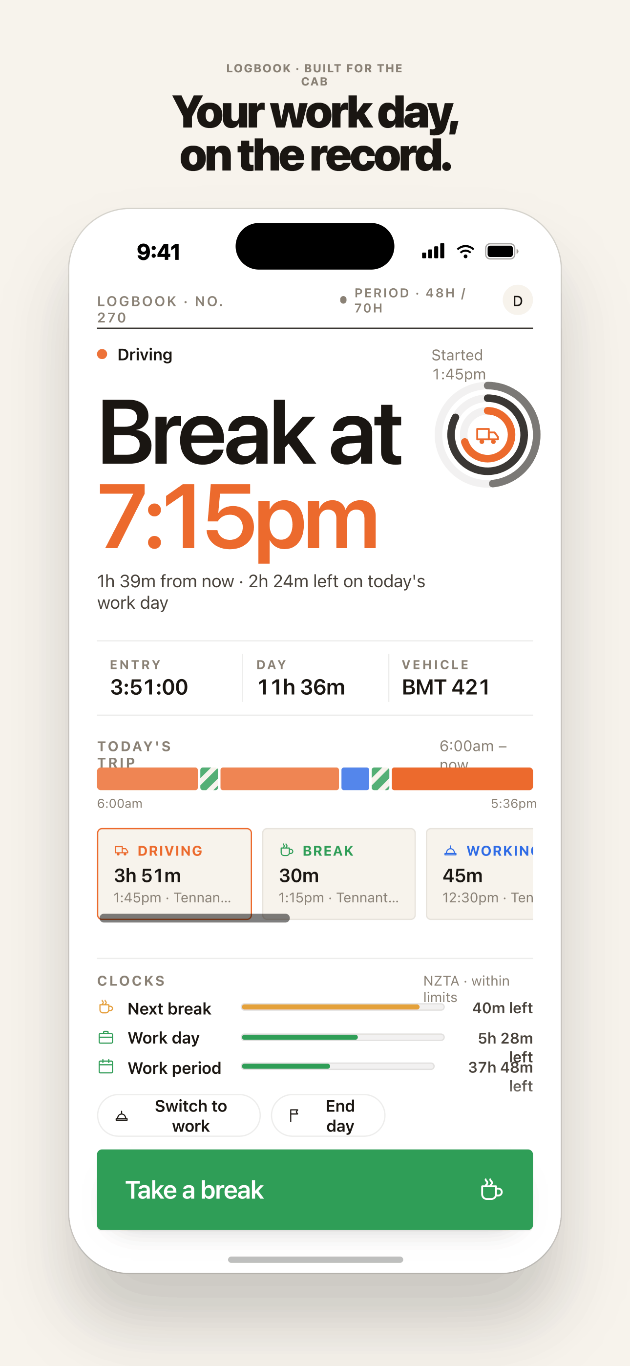 Gravy logbook on iPhone — break-due timer